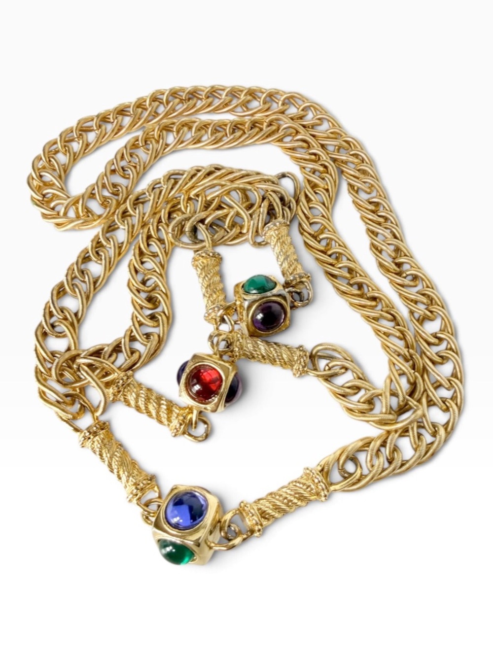 Vintage Multicolor Resin Cabochons Cube Station Goldtone Chain Necklace 44”